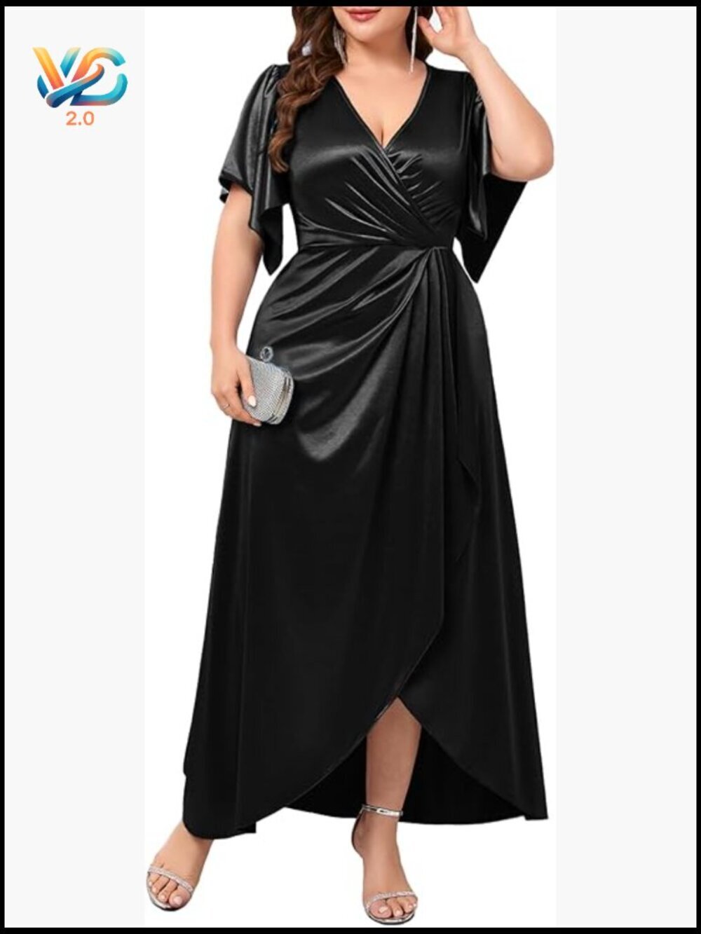 Plus Size Formal Satin V Neck Wrap Ruched Maxi Evening Gown Cocktail Dress